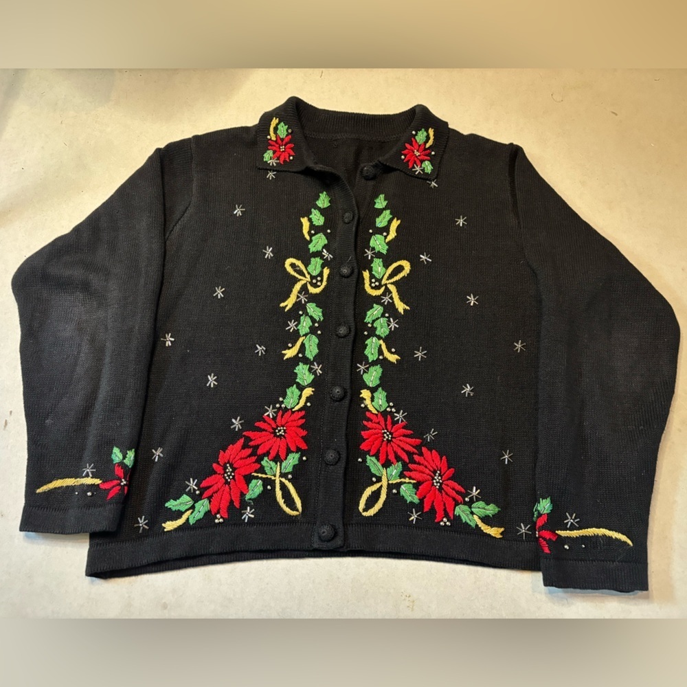 Vintage Black Christmas Cardigan Poinsettia Embroidered Beaded L-XL Cozy Cottage